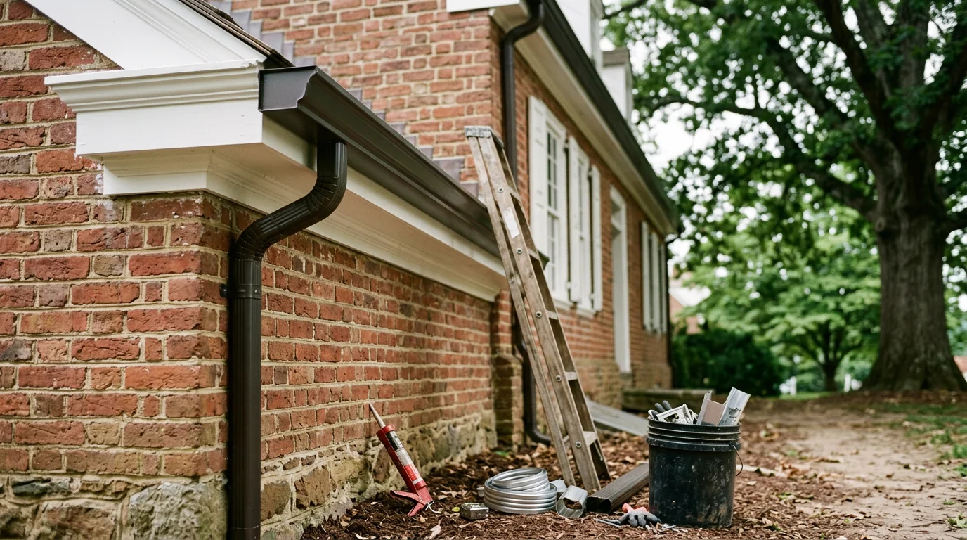 New gutter system installed along the roofline of a residential home