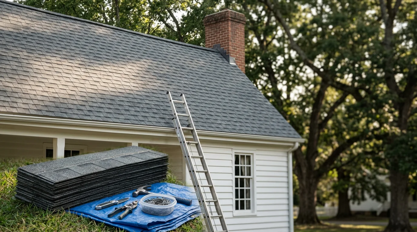 Roofer installing shingles on a residential home in Virginia