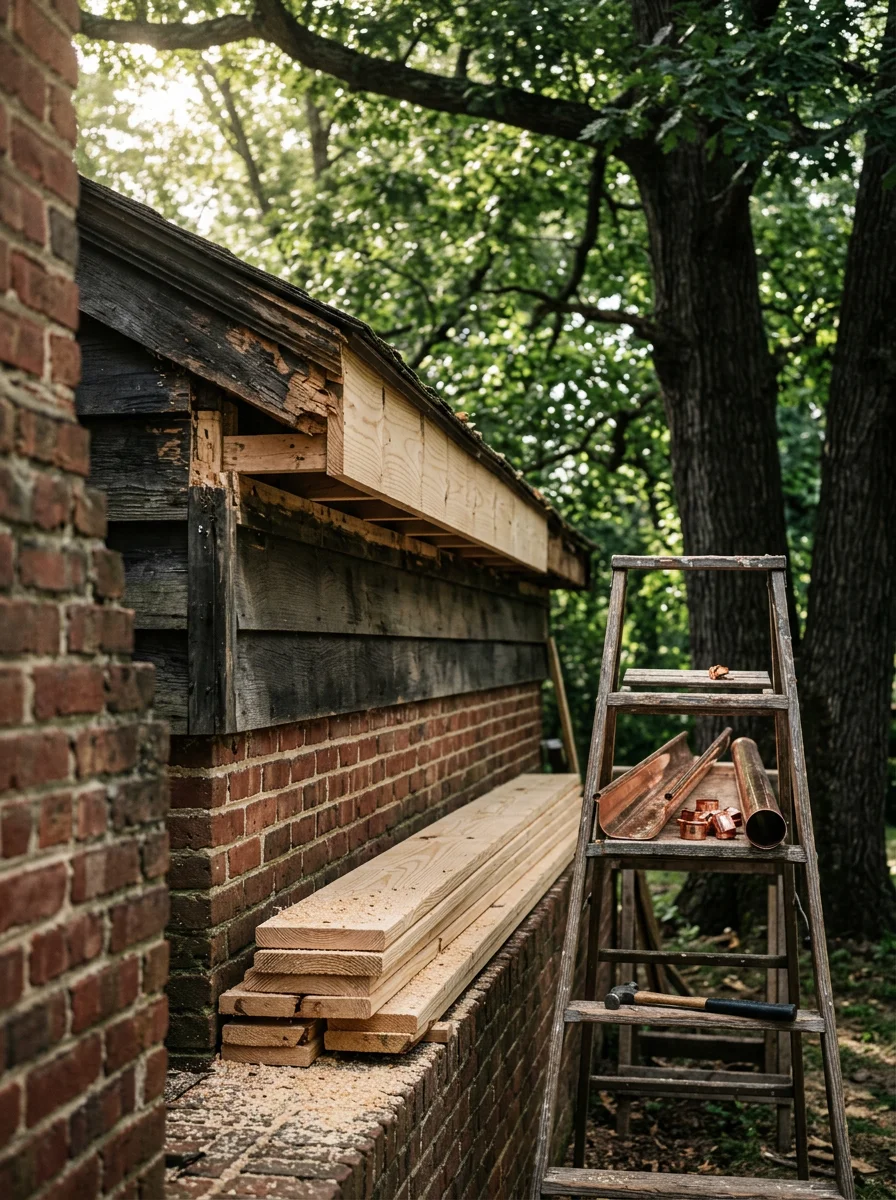 Rotted fascia boards being replaced on a Chesapeake home before new gutter installation, with mature oak trees visible in the background.