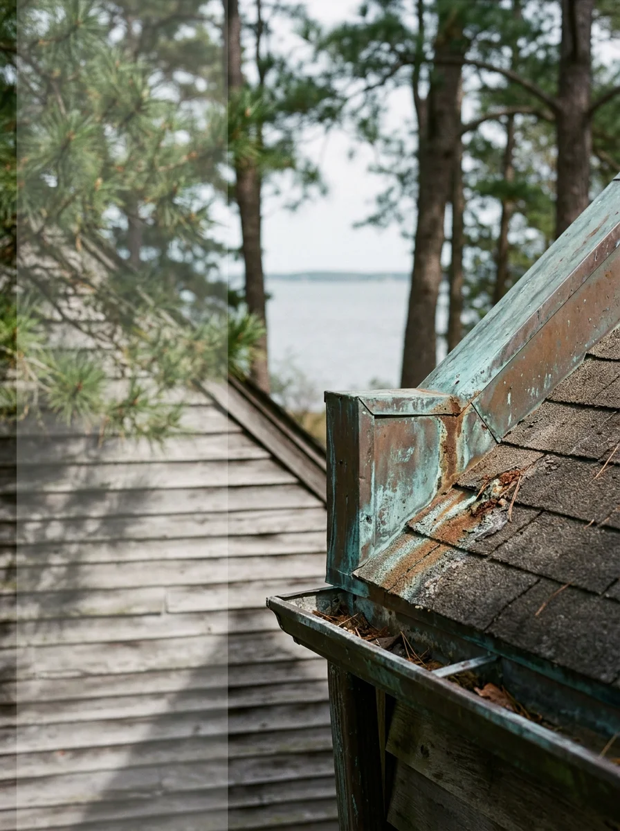A roofer inspecting corroded step flashing on a Gloucester County home near Mobjack Bay, with the water visible through pine trees in the background.