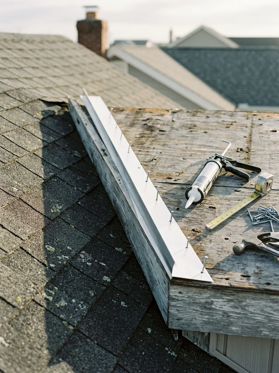 A roofer installing corrosion-resistant drip edge on a Hampton home near Buckroe Beach, with salt-weathered fascia boards visible along the roofline.