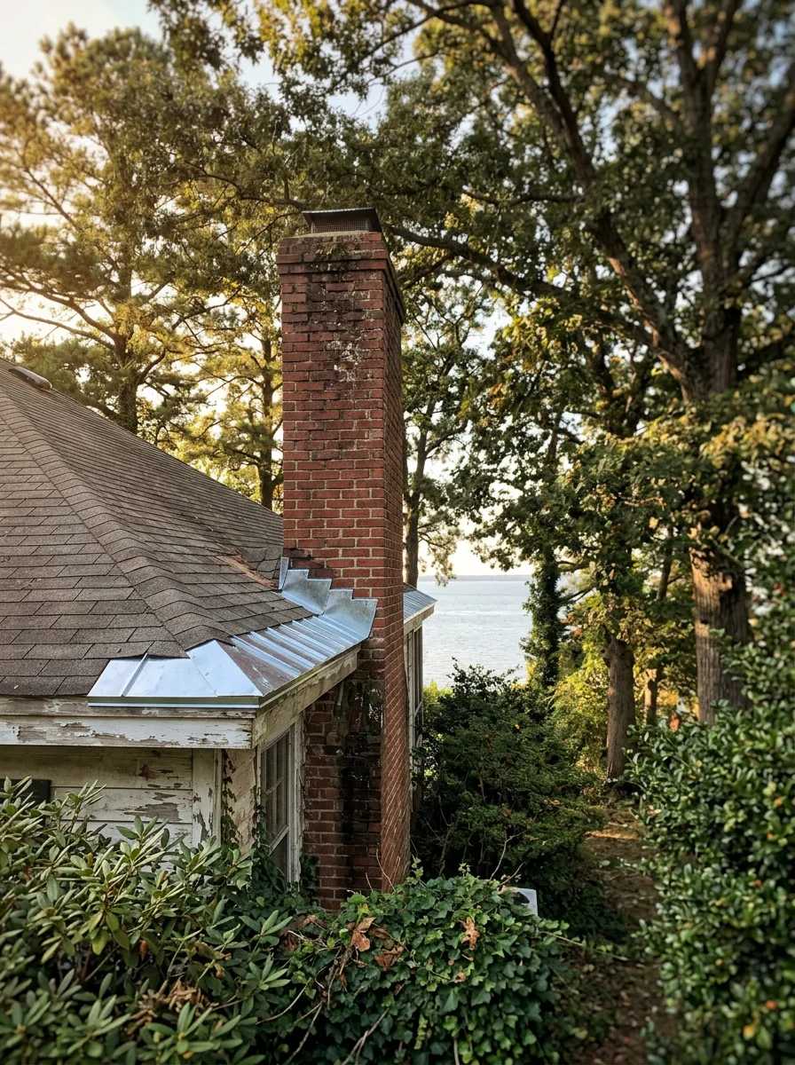 A roofer replacing corroded step flashing on a 1950s hipped-roof home in Newport News, with the James River visible in the distance through mature trees.