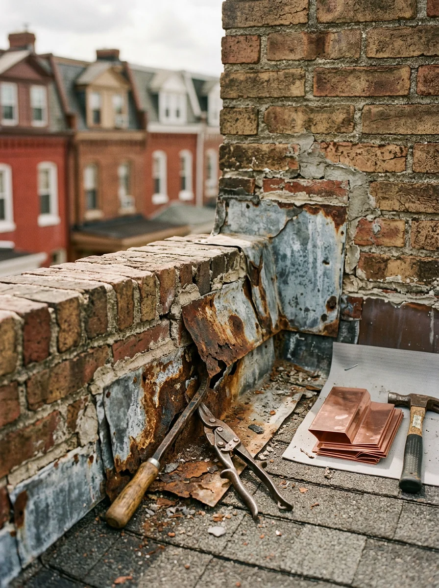 A roofer replacing corroded step flashing on a tightly spaced Norfolk rowhome, with neighboring homes visible just feet away on either side.
