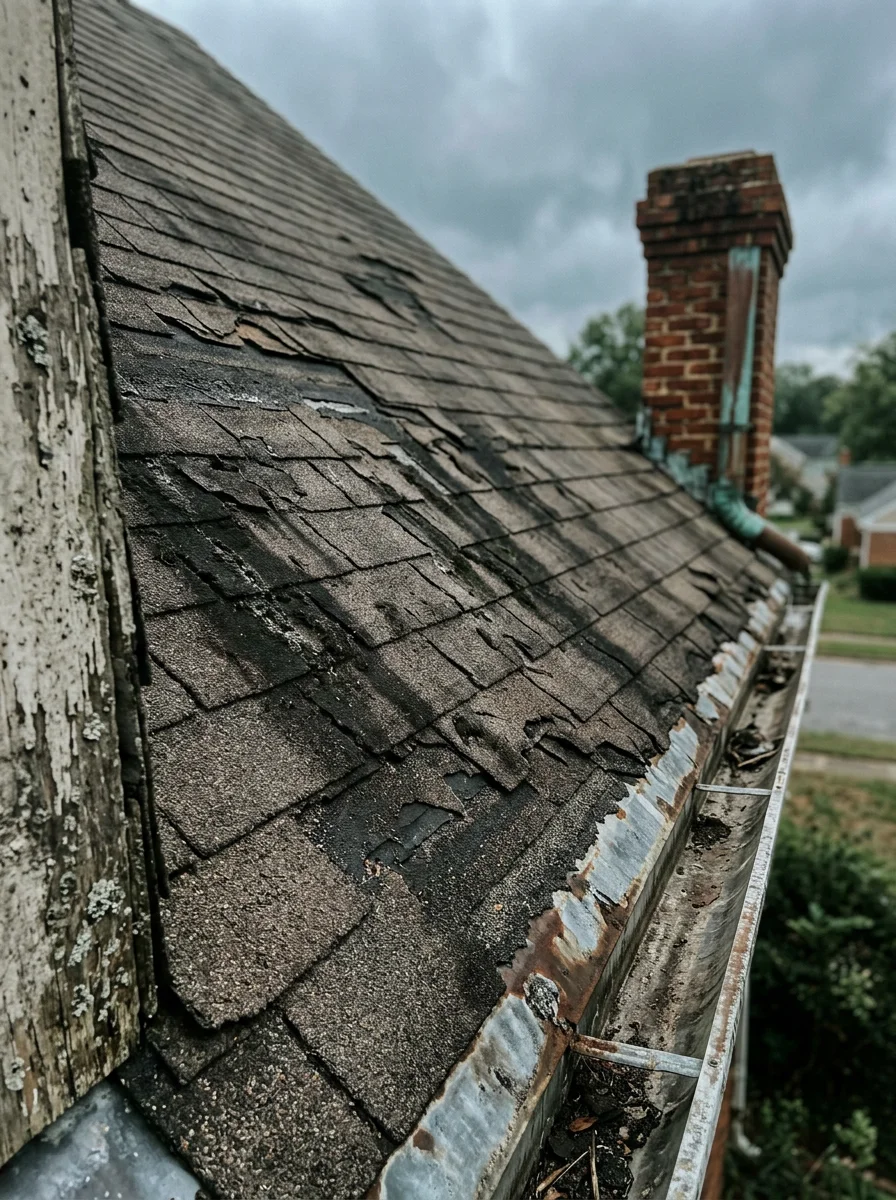 Close-up of Richmond roof damage: missing shingles, mold growth, and deteriorated flashing from humidity and storm exposure