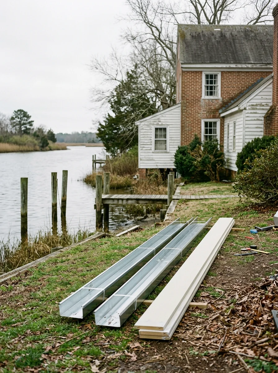 A roofer replacing corroded fascia boards on a Smithfield waterfront property along the Pagan River, with new gutter sections staged on the ground below.