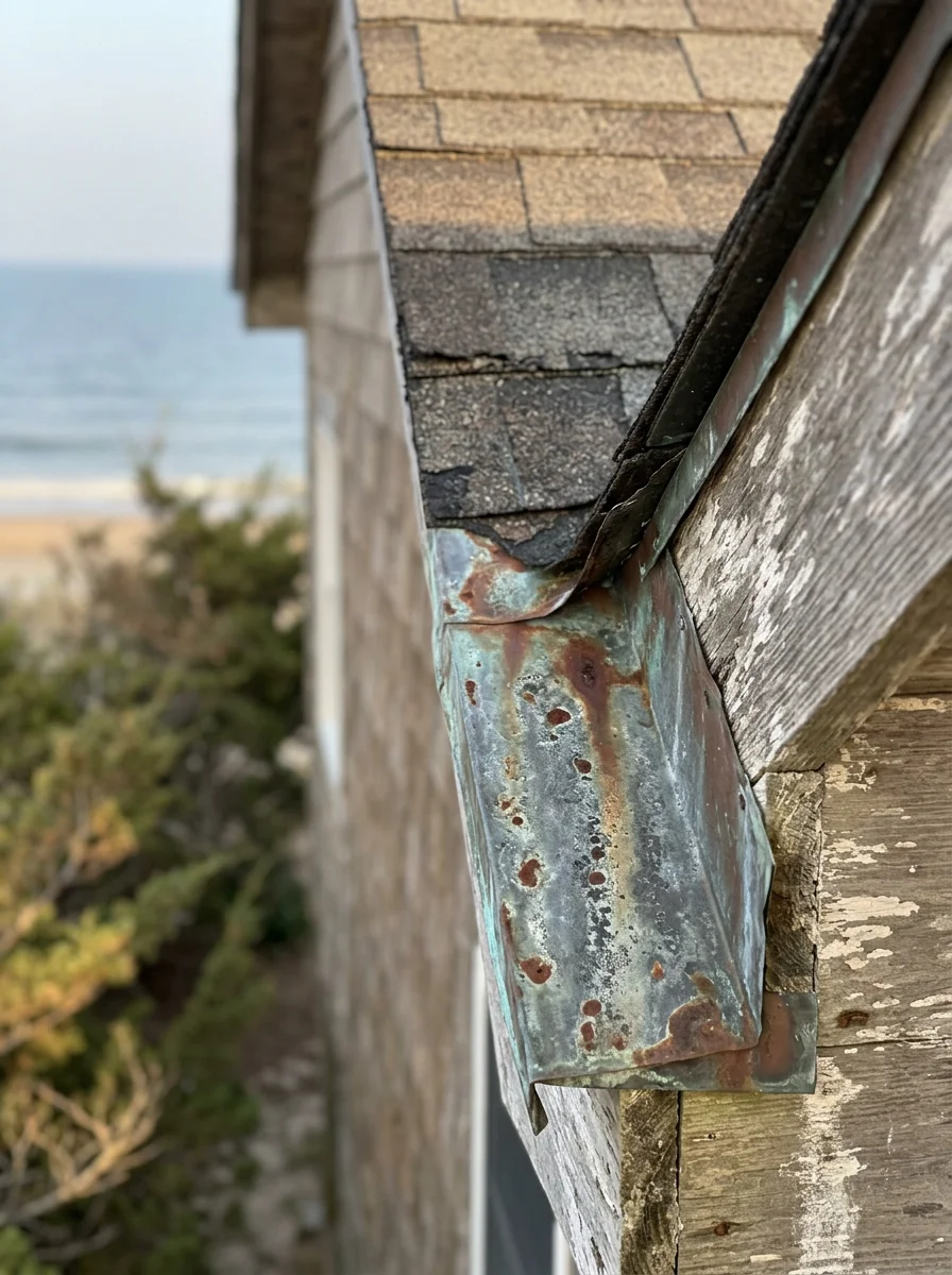 A roofer inspecting corroded step flashing on a Virginia Beach home near the Oceanfront, with salt-weathered fascia boards visible along the roofline.