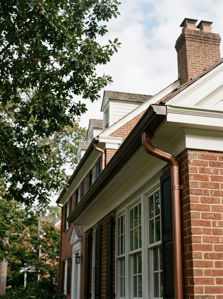 Seamless gutter installation on Colonial Revival home in West Point with proper drainage slope