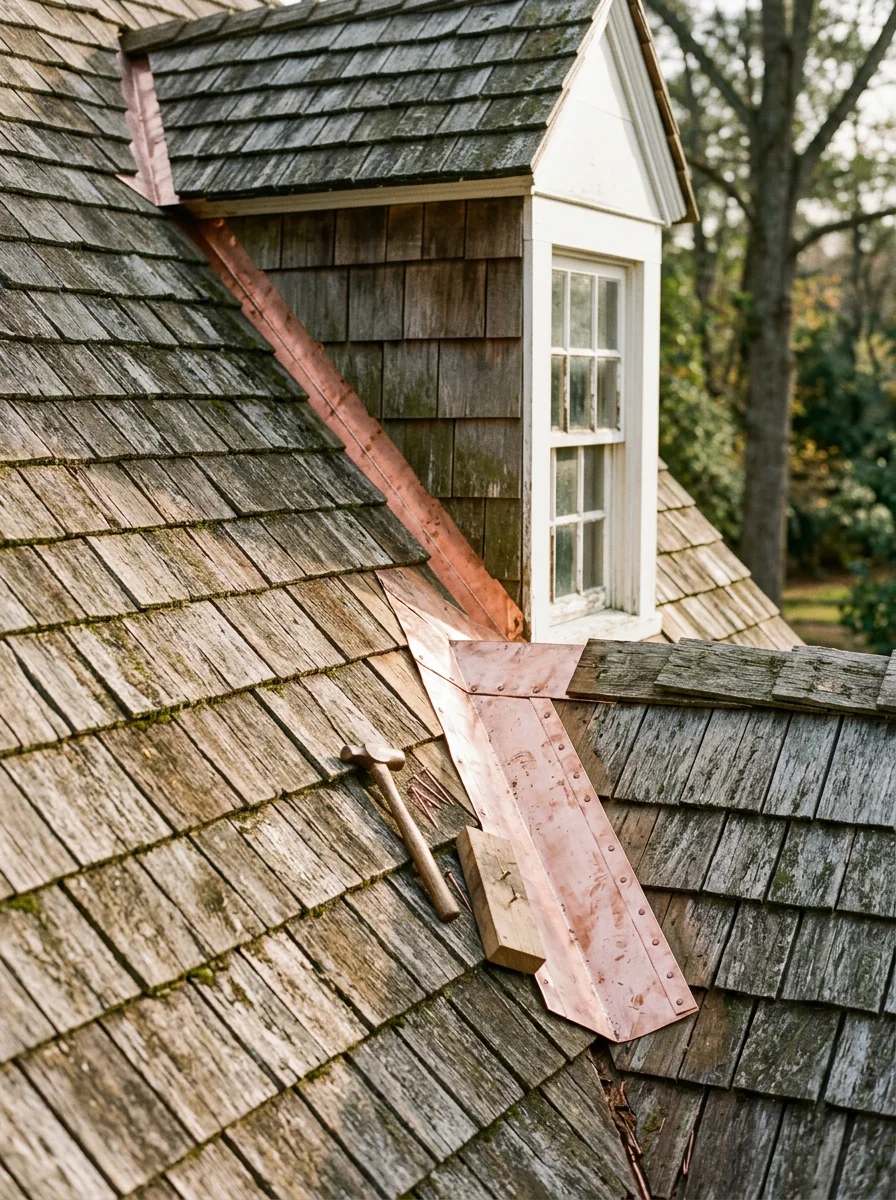Close-up of a roofer setting flashing at a dormer valley on a historic Williamsburg home with a wooded lot visible in the background.