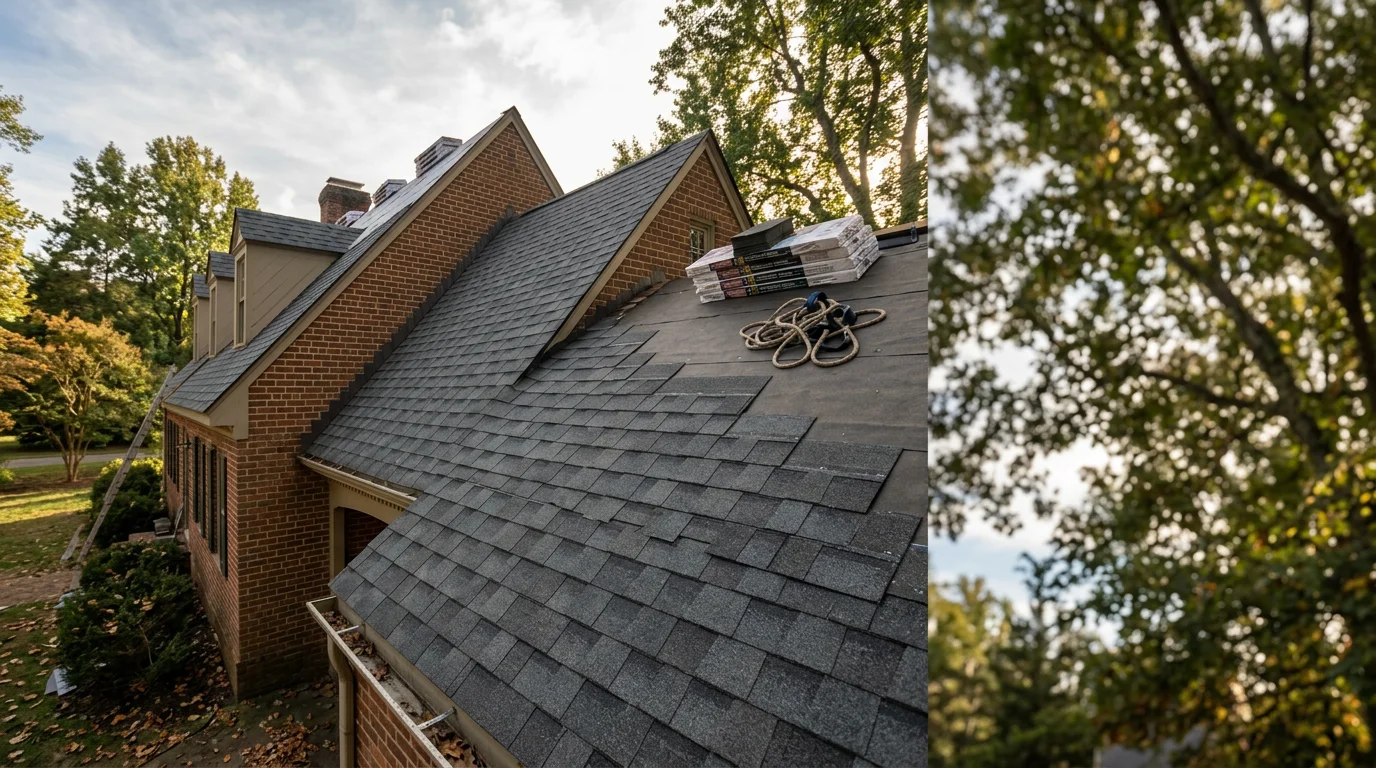 A steep Colonial-style roof being replaced in Williamsburg, Virginia, with new architectural shingles installed on a multi-plane roofline surrounded by mature hardwood trees.
