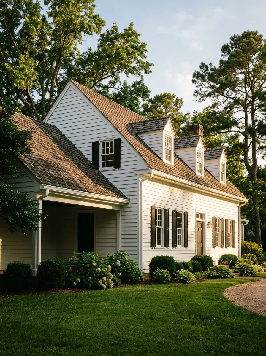 Modern ranch-style home in Yorktown with mature trees and large lawn, showing gutter and soffit detail