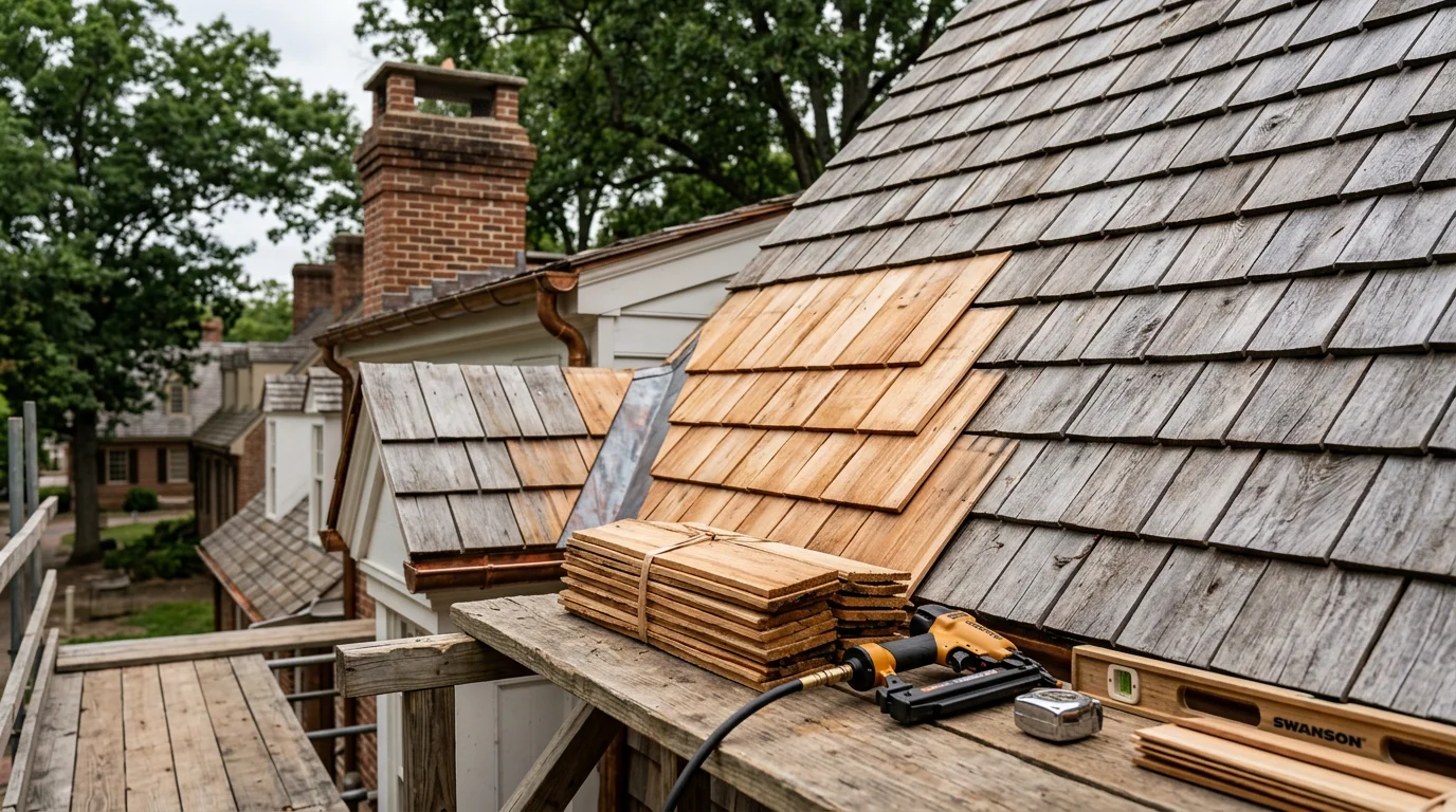 A Williamsburg-area home with a cedar shake roof showing natural wood texture and a weathered silver-gray patina. The roofline includes properly flashed valleys and ridge details typical of a well-installed cedar shake system in Virginia's humid climate.