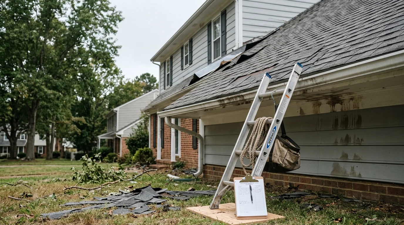 A Williamsburg, Virginia residential roof with storm-damaged shingles and exposed decking being assessed by a roofing contractor after a wind event. Close-up view of displaced flashing and missing shingles along the roof edge.