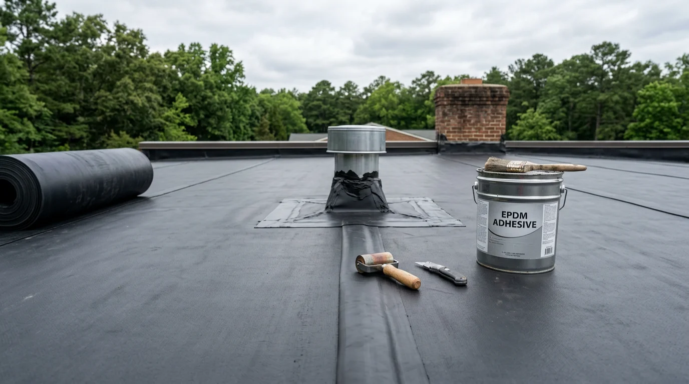 Close-up view of a dark EPDM rubber membrane roof on a flat residential structure in Williamsburg, Virginia, showing smooth seams and metal edge flashing against a partly cloudy sky.