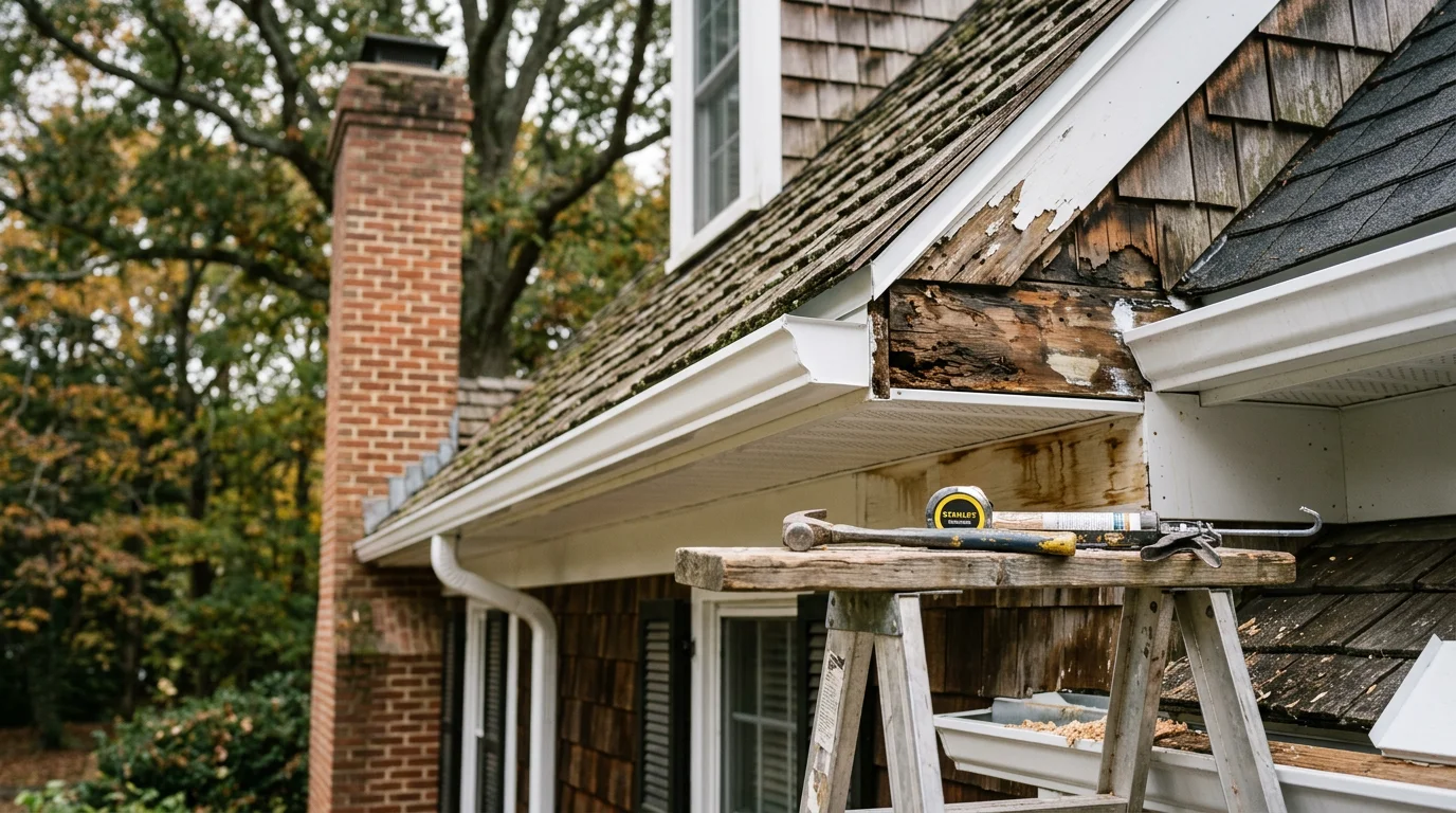 Close-up view of a repaired fascia board and soffit panel along the roofline of a residential home in Williamsburg, Virginia, showing clean, solid wood with no visible rot or gaps. Gutters are securely mounted to the restored fascia with no sagging or separation.
