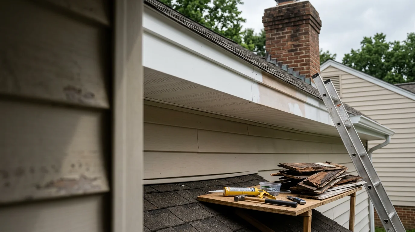 New fascia and soffit installed along the roofline of a residential home in Williamsburg, Virginia, showing clean trim lines and secure gutter attachment at the eave.