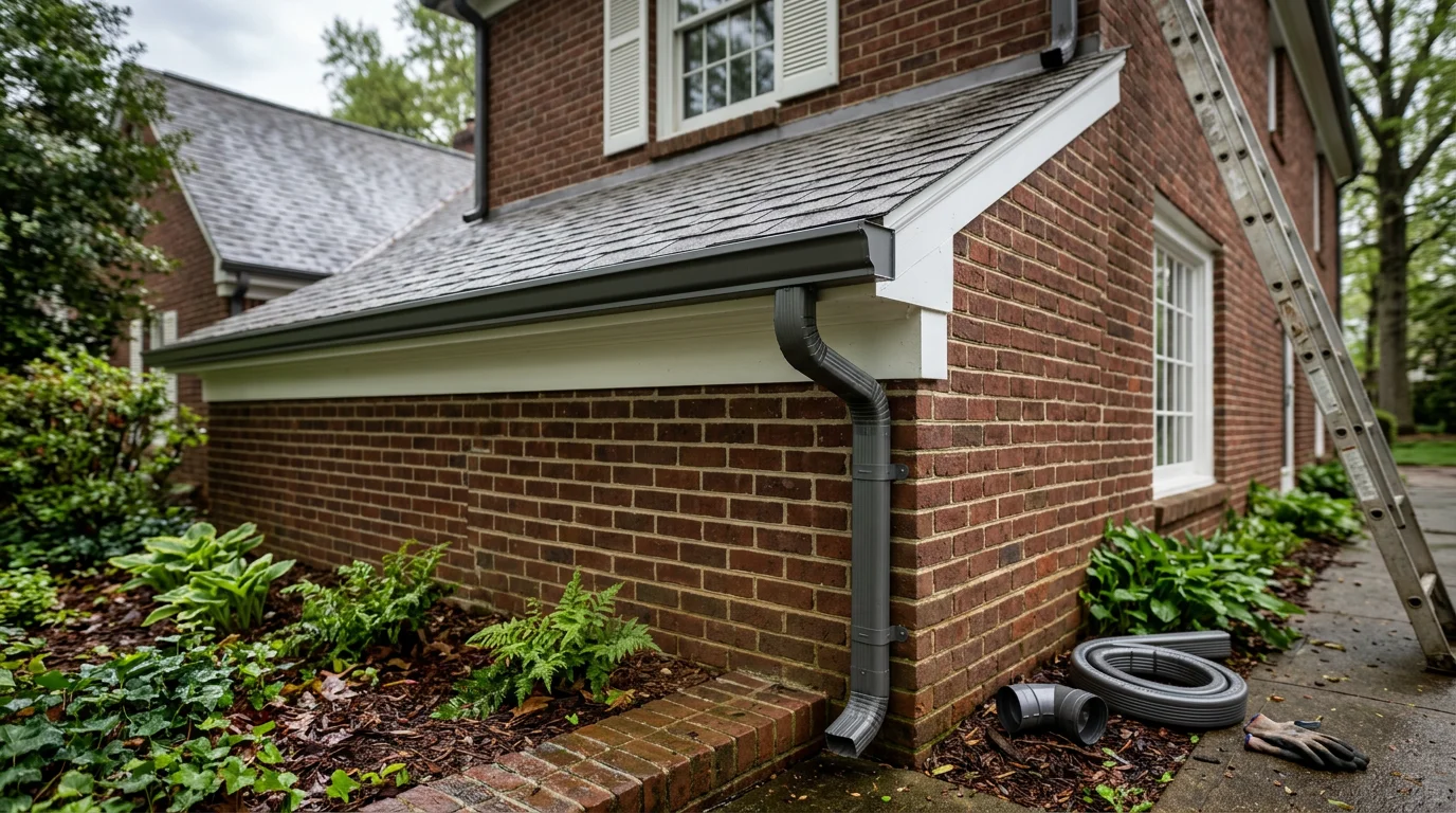 Newly installed gutters running along the roofline of a residential home in Williamsburg, Virginia, with downspouts positioned to direct rainwater away from the foundation.