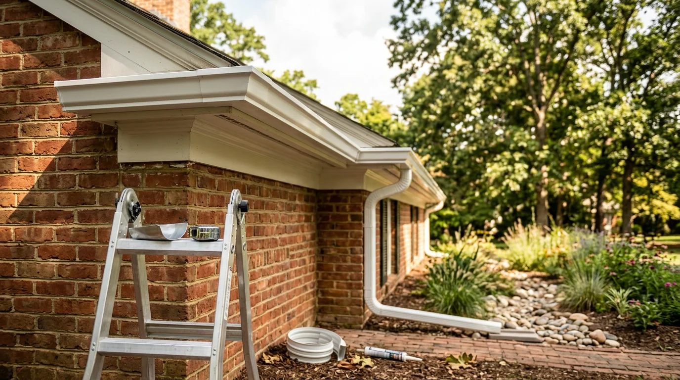 New gutter system installed along the roofline of a residential home in Williamsburg, Virginia, with downspouts directing water away from the foundation. Close view shows clean, properly pitched gutters replacing a sagging and corroded original run.
