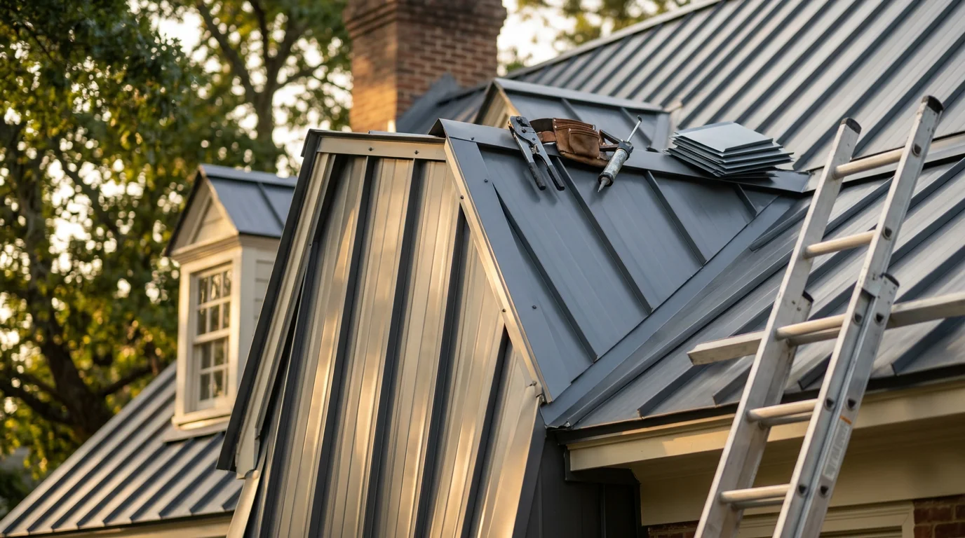 A completed standing seam metal roof on a residential home in Williamsburg, Virginia, showing clean panel lines and finished ridge detail against a partly cloudy sky. The roof reflects natural light and sits above a traditional Colonial-style exterior.