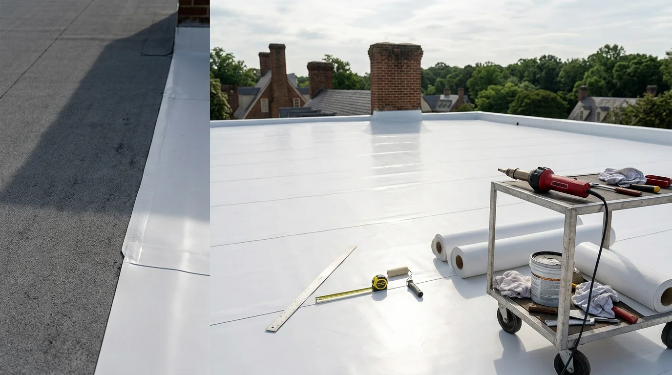 A completed PVC roofing membrane installation on a flat residential roof in Williamsburg, Virginia, showing clean white reflective surface and heat-welded seams across the full roof field.