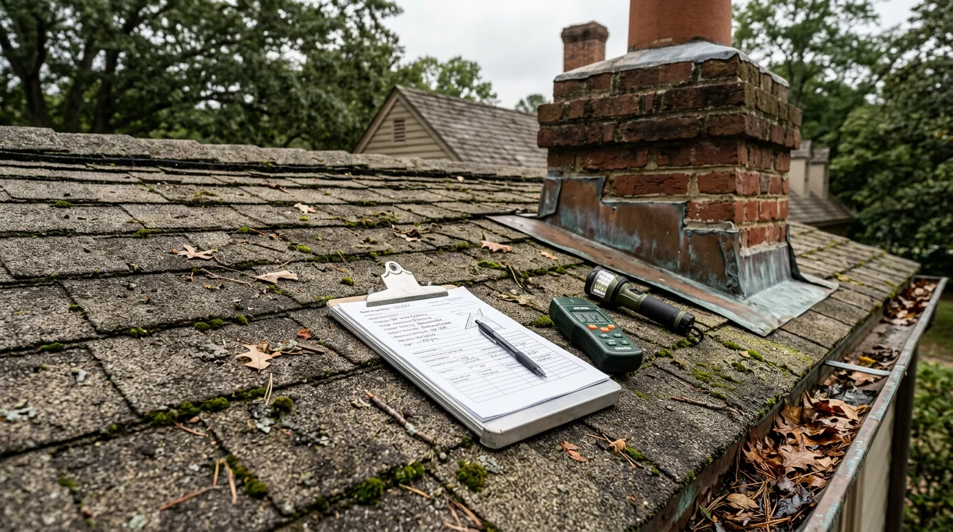 A RoofTrue contractor inspecting shingles and flashing on a residential roof in Williamsburg, Virginia. The image shows a close-up view of the roof surface with visible inspection work being performed on a single-family home.