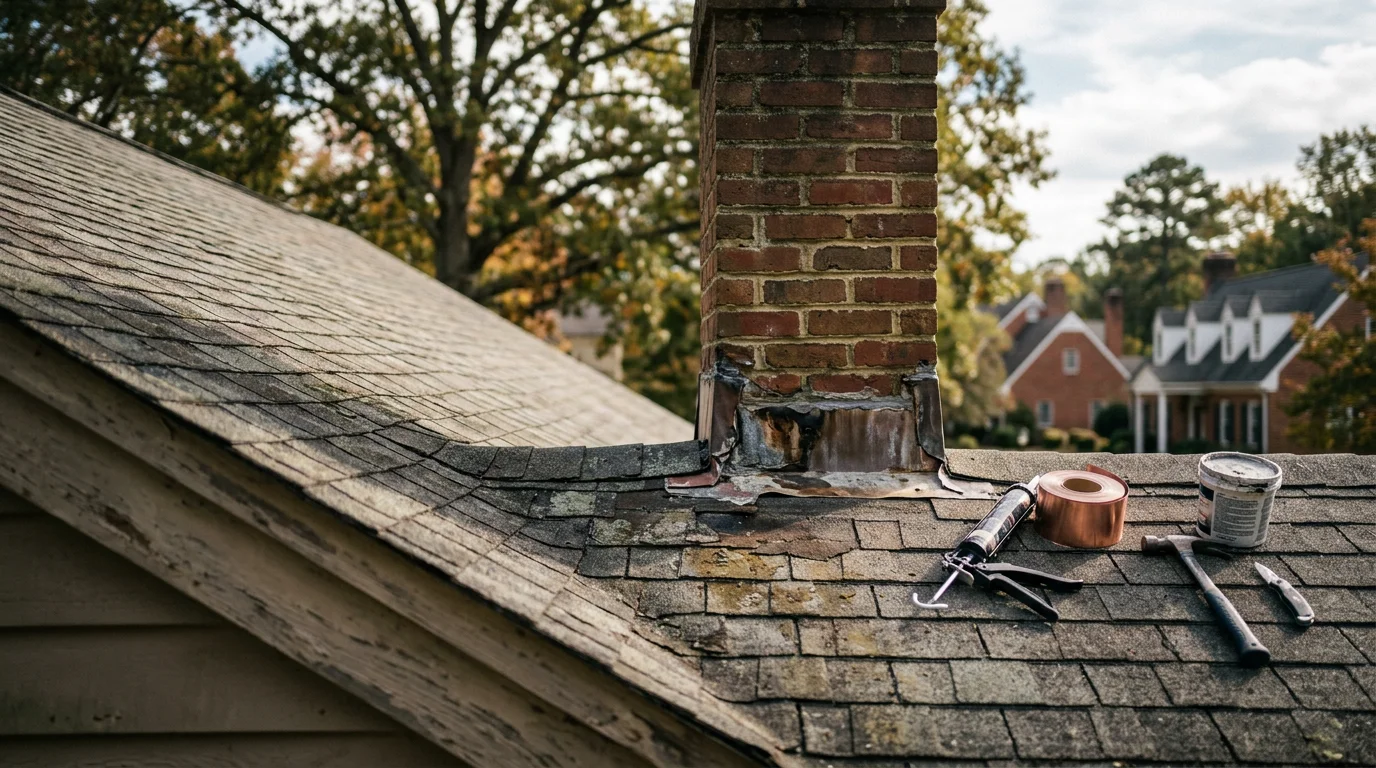 A roofing contractor repairing damaged flashing and shingles on a residential home in Williamsburg, Virginia. Close-up view of the repaired roof section showing sealed seams and restored shingle alignment.