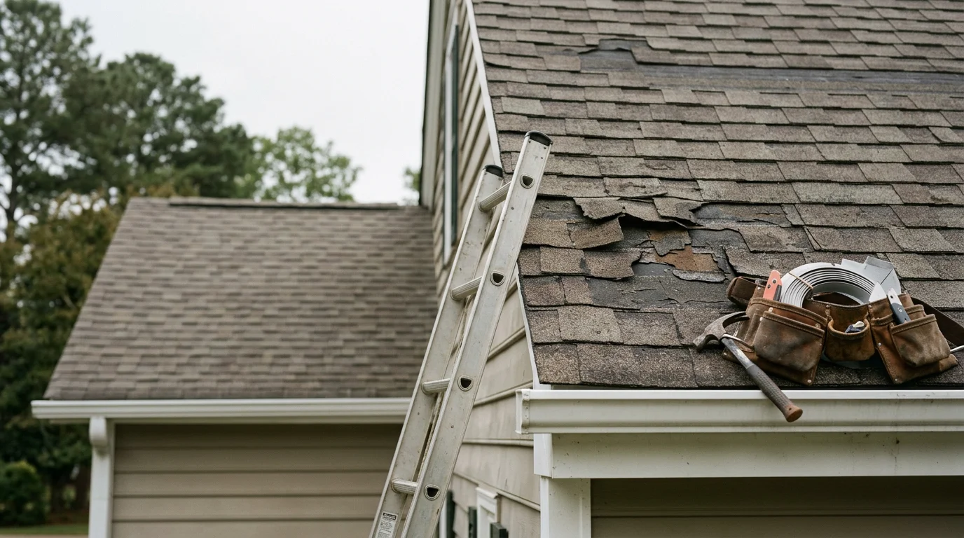 A roofing crew repairing lifted shingles and damaged flashing on a residential home in Williamsburg, Virginia. Close-up view shows precise shingle alignment and sealed flashing around a rooftop vent.
