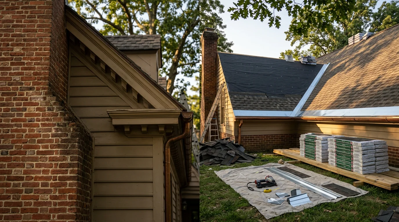 A completed roof replacement on a single-family home in Williamsburg, Virginia, showing newly installed shingles and finished ridge line against a clear sky. The home reflects the traditional residential architecture common across the Williamsburg area.