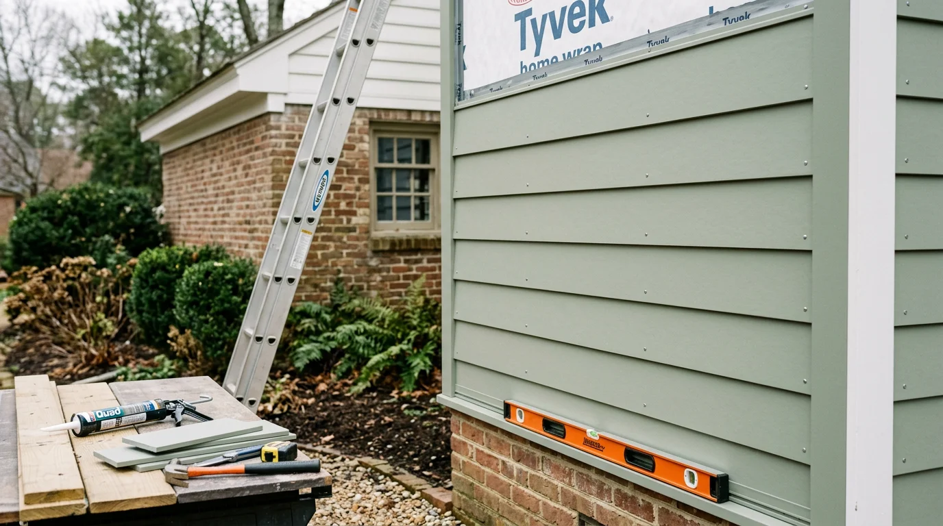 Freshly installed siding on a two-story residential home in Williamsburg, Virginia, with clean panel lines and finished corner trim. The exterior shows a complete installation with no gaps at the window edges or roofline.