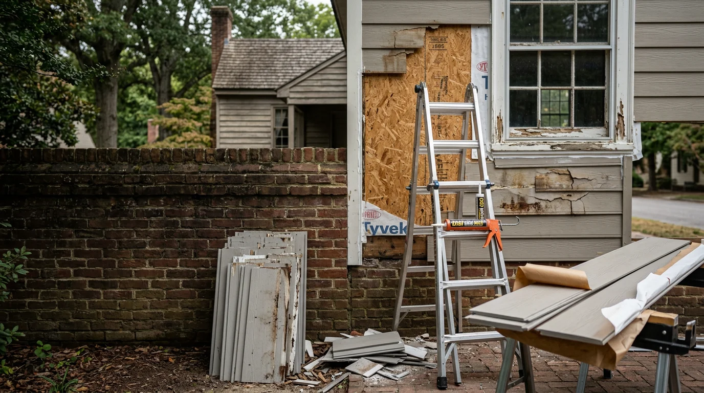 Close-up of repaired exterior siding panels on a residential home in Williamsburg, Virginia, showing tight seams and consistent panel alignment after professional repair work.