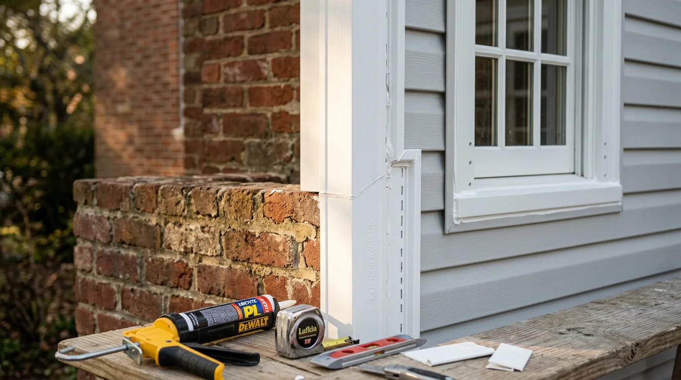 Close-up of freshly installed siding trim and corner finishing on a residential home exterior in Williamsburg, Virginia. Clean white trim pieces frame the window surround and corner edge against newly installed siding panels.