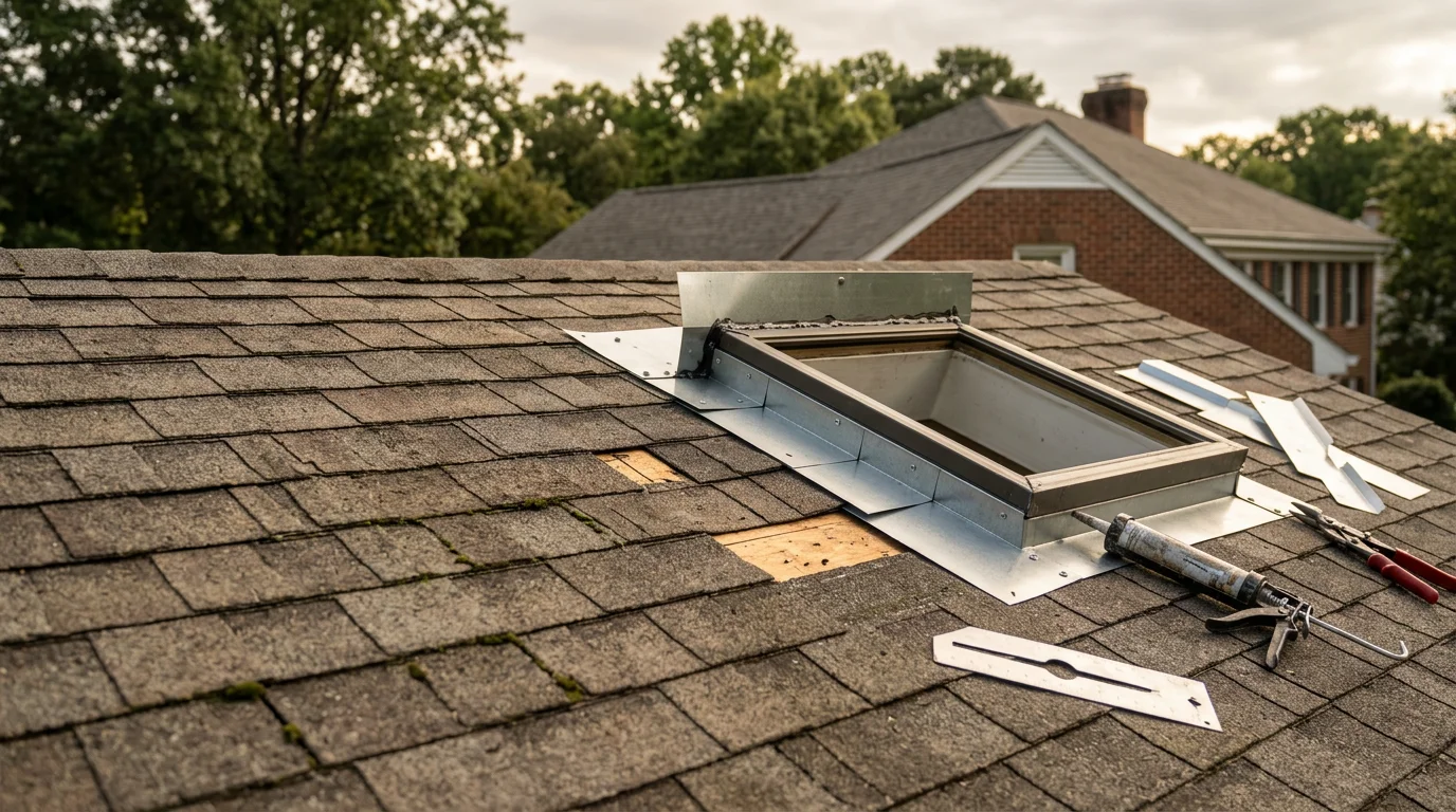 Close-up view of a repaired skylight flashing system on a residential roof in Williamsburg, Virginia, showing sealed metal step flashing and counter flashing at the skylight frame perimeter. The surrounding shingles and roof deck are intact, with no visible gaps or separation at the joint.
