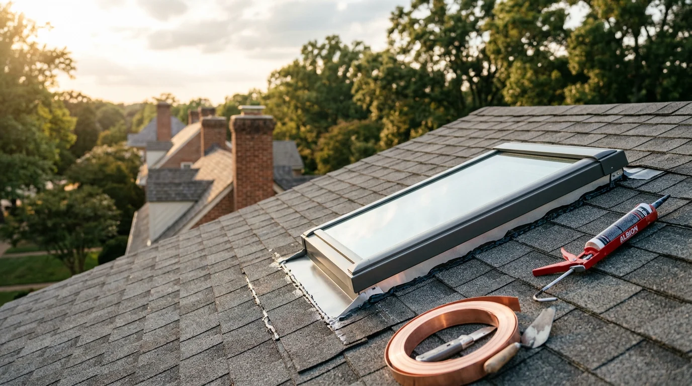 A newly installed skylight on a residential roof in Williamsburg, Virginia, showing clean flashing lines and sealed edges against an asphalt shingle field. Interior view below shows natural daylight filling a living space through the finished skylight opening.