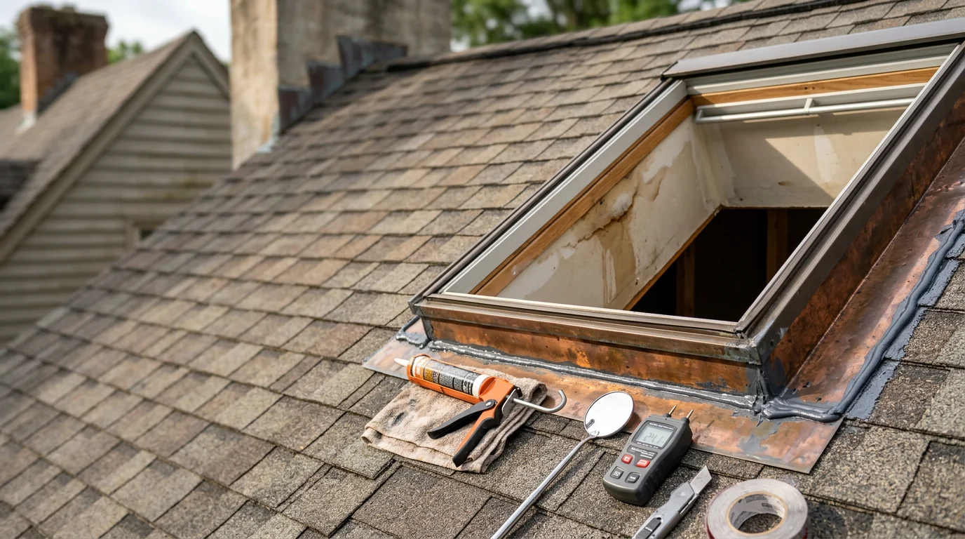 Close-up view of a skylight on a residential roof in Williamsburg, Virginia, showing repaired metal flashing and sealed curb edges after a professional leak repair. The surrounding shingles are intact and the skylight frame shows no visible gaps or water damage.