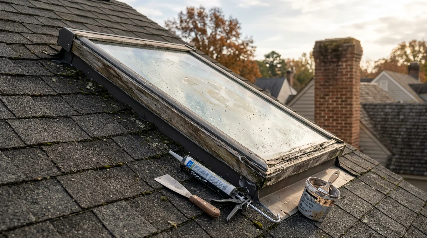 A skylight on a residential roof in Williamsburg, Virginia, showing a completed seal and flashing repair with clean, tight edges against the surrounding shingles. The interior ceiling below shows no water staining, reflecting a fully restored, weatherproof skylight system.