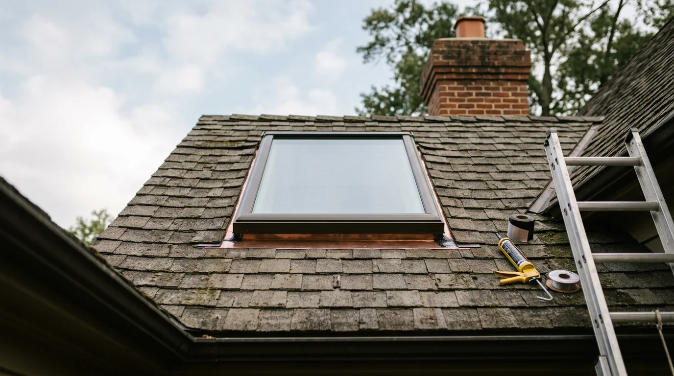 A freshly replaced skylight installed flush on a residential roof in Williamsburg, Virginia, with clean flashing and sealed edges visible against asphalt shingles. Bright natural light is visible through the clear glass pane from the exterior view.