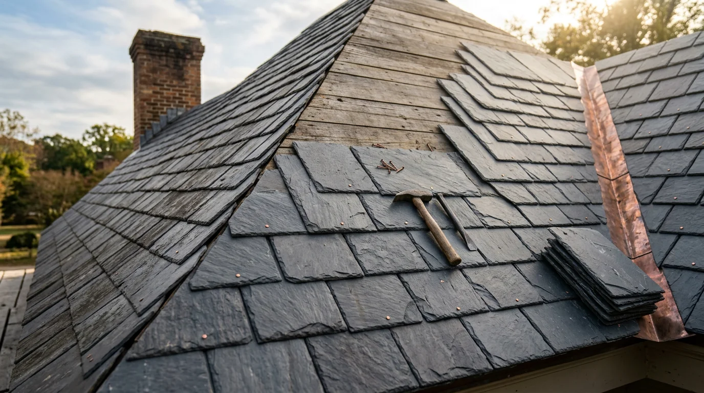 A steep-pitched slate roof on a colonial-style home in Williamsburg, Virginia, showing uniform rows of natural gray slate tiles with copper flashing along the chimney and ridge line.