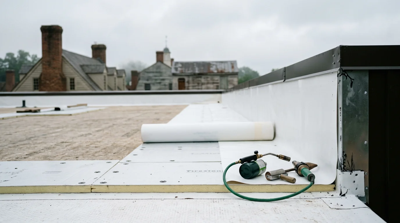 A completed TPO roofing installation on a flat-roof residential property in Williamsburg, Virginia, showing a clean white reflective membrane with neatly finished seams and edge flashing.